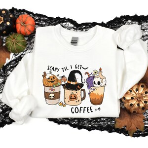 Scary til I Get Coffee Shirt, Funny Halloween Shirt, Halloween Coffee Shirt, Coffee Lover Shirt, Coffee Addict T-Shirt, Spooky Coffee Tee