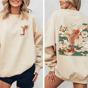Cozy Vintage Japanese Koi Fish Sweasthirt, Nautical Animal Asian Art Nouveau Japan Sweatshirt, Pond Top Urban Unisex Spring Sweatshirt