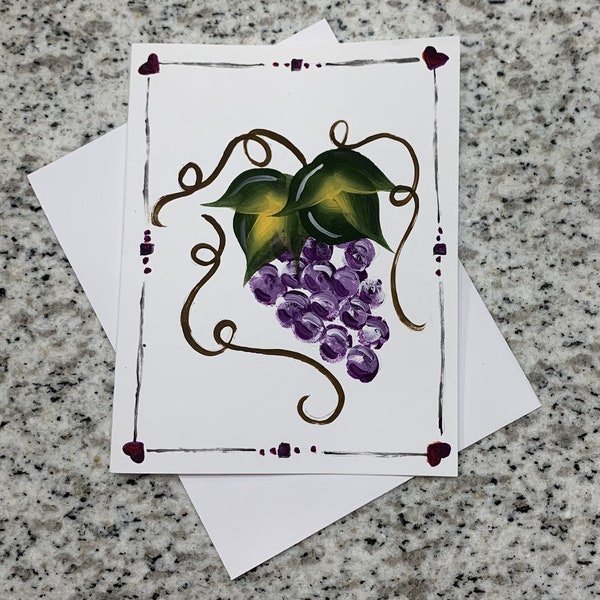 Hand painted grapes and grape leaves, whimsical boarder, blank inside greeting card