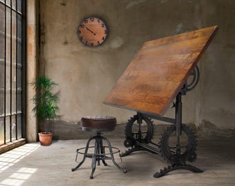 French Industrial Writing Table Drafting Desk - Sit Stand Adjustable - Tilt Top