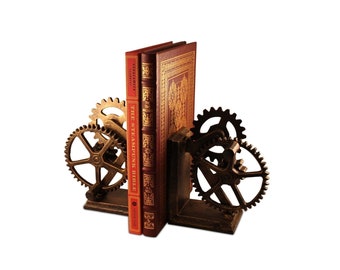 Steampunk Gears Sprocket Bookends - Metal Cogs Cast Iron - Pair