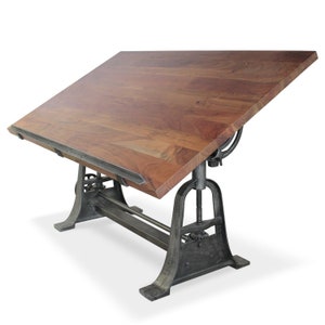 Industrial Architect's Drafting Desk - Adjustable Crank Cast Iron Base - Tilt Top