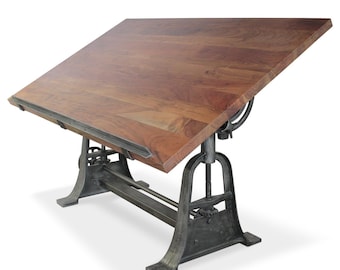 Industrial Architect's Drafting Desk - Adjustable Crank Cast Iron Base - Tilt Top