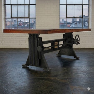 May include: A rectangular table with a thick, polished brown wooden top and a heavy-duty black metal base. The base features a mechanical gear system with a hand crank wheel on the side for height adjustment and a small rectangular metal plate.
