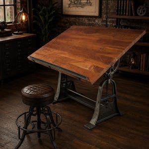 May include: A drafting table with a large, rectangular, angled wooden top and a heavy-duty, dark gray metal base with mechanical adjustment wheels. Beside it stands a round, height-adjustable stool featuring a dark brown, quilted leather seat.