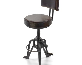 Industrial Adjustable Height Crank Leather Dining Chair - Iron Base