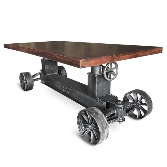 Industrial Trolley Dining Table Iron Wheels Adjustable Etsy