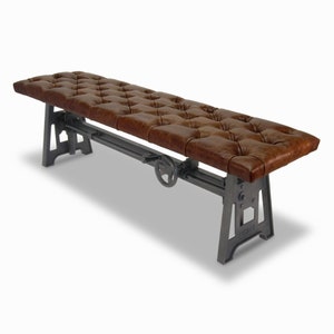 Industrial Dining Bench Seat - Cast Iron Base - Adjustable Brown Leather Top