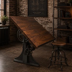 May include: A dark wood drafting table with a large, adjustable, rectangular surface and a heavy-duty black metal base featuring mechanical hand wheels for height and tilt adjustment, accompanied by a matching round wooden stool with a metal frame.