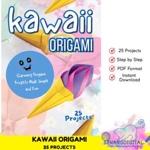 May include: A book cover with the title "kawaii ORIGAMI" in blue and white. The cover features origami ice cream cones and origami flowers. Text on the cover includes "Charming Origami Projects Made Simple and Fun" and "25 Projects".
