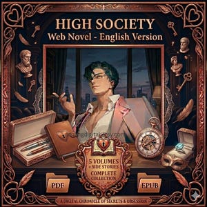 May include: Digital artwork for a web novel titled "HIGH SOCIETY - English Version." The image features a man in a pink jacket, a pocket watch, a book, and a ring. The artwork includes the text "5 VOLUMES + SIDE STORIES COMPLETE COLLECTION."