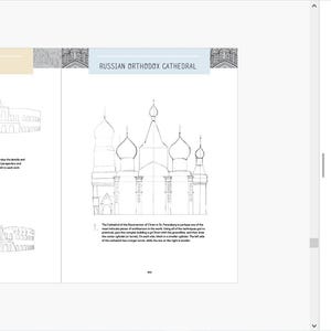 May include: A book with a black and white illustration of the Colosseum and a Russian Orthodox Cathedral. The book's title is "The Colosseum" and "Russian Orthodox Cathedral". The book's table of contents includes sections on drawing tools, color tools, basic drawing techniques, adding color, working digitally, borders, banners, and letters, botanicals, architecture and city life, and animals and insects.