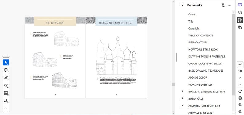 May include: A book with a black and white illustration of the Colosseum and a Russian Orthodox Cathedral. The book's title is "The Colosseum" and "Russian Orthodox Cathedral". The book's table of contents includes sections on drawing tools, color tools, basic drawing techniques, adding color, working digitally, borders, banners, and letters, botanicals, architecture and city life, and animals and insects.