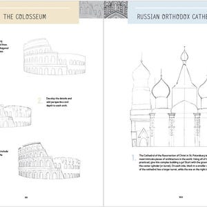 May include: A black and white line drawing illustration of how to draw the Colosseum and a Russian Orthodox Cathedral. The Colosseum is a large oval structure with arches and columns. The Russian Orthodox Cathedral has multiple domes and towers.