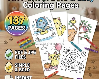 Tiny Cat Coloring Pages Bold & Easy 137 pages | Cute Kawaii Cats | Printable PDF, JPG | Toddler Kids Coloring Book Instant Download