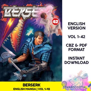 Op de afbeelding: Digitale download van Berserk English Manga, volumes 1-42, in CBZ- en PDF-formaat. De afbeelding toont een krijger in blauw harnas, een drakenkaak en etherische figuren. Tekst bevat "Berserk" en "English Version".