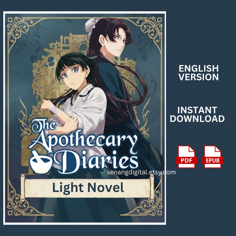 May include: A digital book cover for The Apothecary Diaries light novel featuring two anime-style characters with dark hair, one in a white top and one in a dark robe, set against a decorative gold frame with a mortar and pestle icon and text.