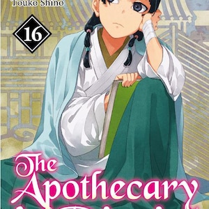 May include: The cover of volume 16 of The Apothecary Diaries manga features a character with dark hair in braids, wearing a white and light blue robe over a dark green skirt. The text reads Author Natsu Hyuuga, Illustrator Touko Shino, and 16.