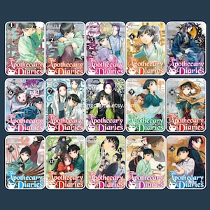 May include: A collection of fifteen manga volumes titled The Apothecary Diaries, each featuring unique character illustrations in a distinct color palette, numbered one through fifteen, and displayed in a grid format with consistent branding.