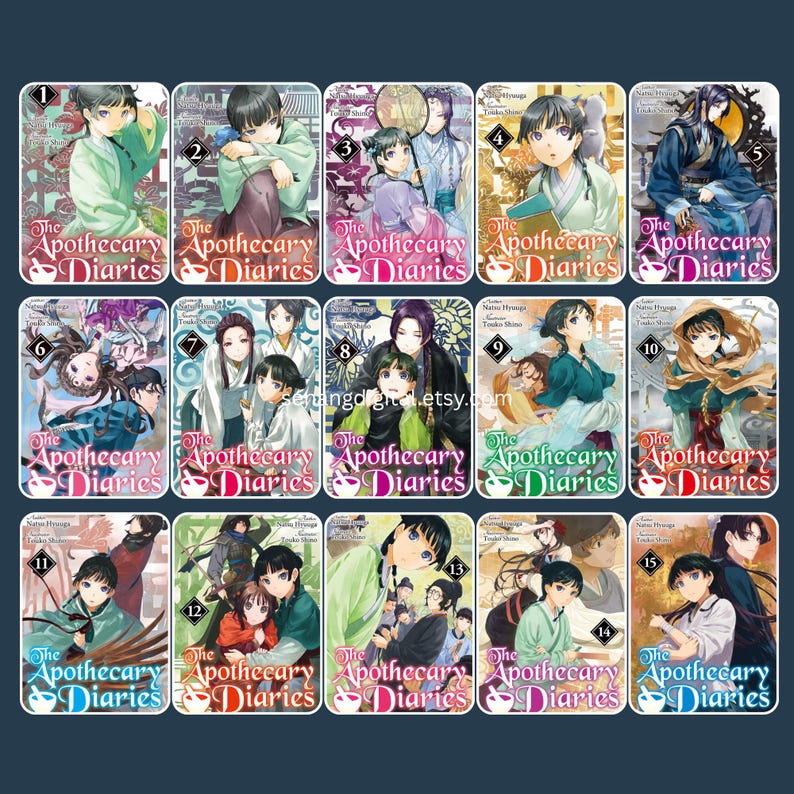 May include: A collection of fifteen manga volumes titled The Apothecary Diaries, each featuring unique character illustrations in a distinct color palette, numbered one through fifteen, and displayed in a grid format with consistent branding.