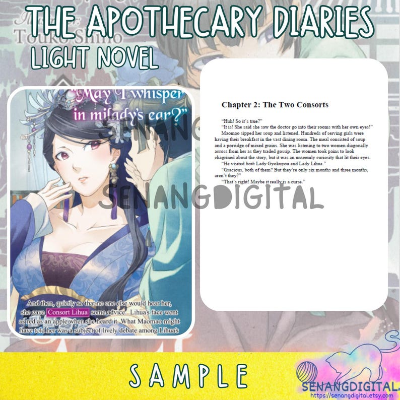 May include: A digital light novel sample titled The Apothecary Diaries featuring an illustration of two characters, one whispering into the other's ear, alongside a text excerpt from Chapter 2: The Two Consorts, with a yellow sample banner at the bottom.