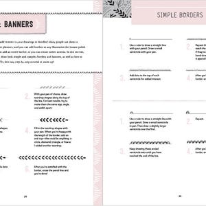 May include: A book page with instructions on how to draw borders and banners. The page is divided into two sections, one for simple borders and one for borders and banners. The instructions are illustrated with simple line drawings.