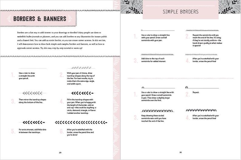 May include: A book page with instructions on how to draw borders and banners. The page is divided into two sections, one for simple borders and one for borders and banners. The instructions are illustrated with simple line drawings.