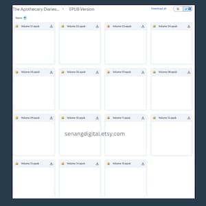 May include: A digital file interface displaying a list of EPUB files titled The Apothecary Diaries, organized in a grid of fifteen volumes. Each entry includes a folder icon, the volume number, and a download icon. The text senangdigital.etsy.com is visible.