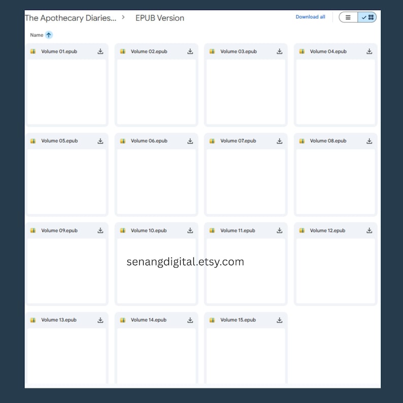 May include: A digital file interface displaying a list of EPUB files titled The Apothecary Diaries, organized in a grid of fifteen volumes. Each entry includes a folder icon, the volume number, and a download icon. The text senangdigital.etsy.com is visible.