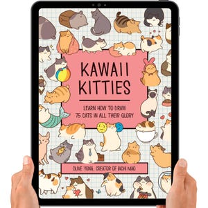 Könnte beinhalten: Ein rosa-weißes digitales Tablet mit einer Hülle, die eine bunte Illustration von 75 niedlichen Comic-Katzen zeigt. Der Text "KAWAII KITTIES" steht in großer Schrift oben auf der Hülle. Der Text "LEARN HOW TO DRAW 75 CATS IN ALL THEIR GLORY" befindet sich unter dem Titel. Der Text "OLIVE YONG, CREATOR OF BICHI MAO" befindet sich unten auf der Hülle.