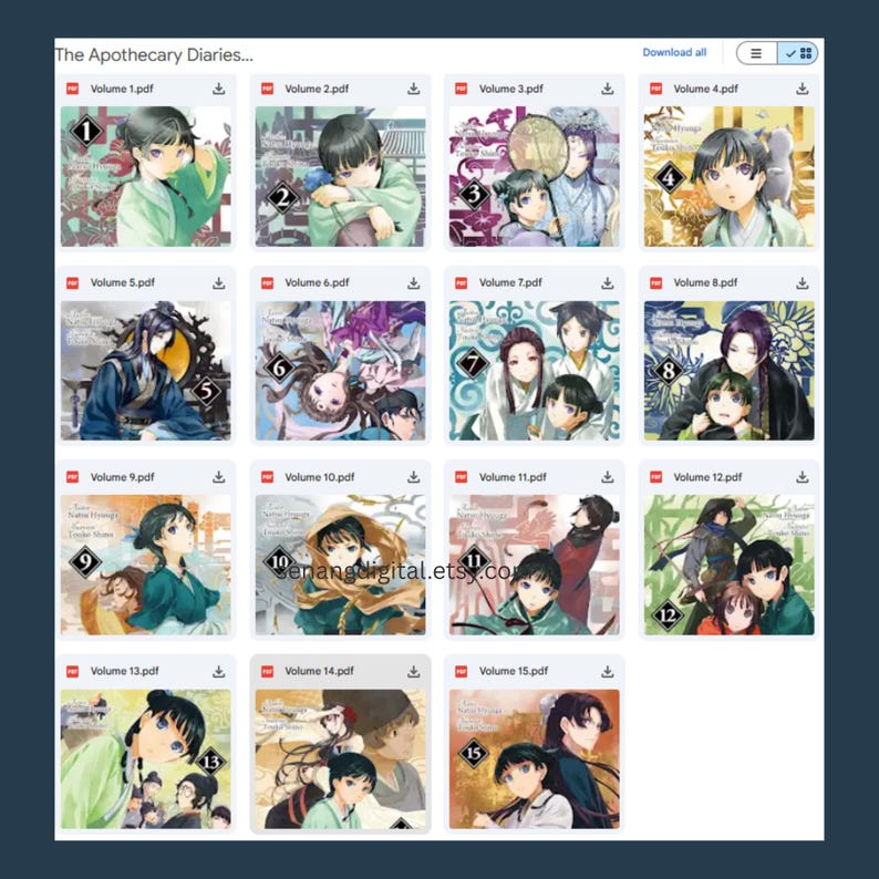 May include: A digital file list titled The Apothecary Diaries containing fifteen PDF volumes. Each entry displays a numbered cover illustration featuring anime-style characters in various settings, colors, and poses, organized in a grid format.
