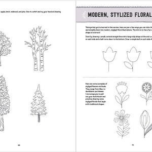 May include: A black and white illustration of stylized floral designs. The illustrations include tulips, flowers with multiple petals, and a single leaf. The text "MODERN, STYLIZED FLORALS" is at the top of the page.