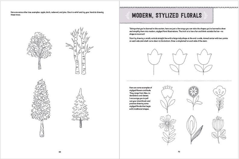 May include: A black and white illustration of stylized floral designs. The illustrations include tulips, flowers with multiple petals, and a single leaf. The text "MODERN, STYLIZED FLORALS" is at the top of the page.
