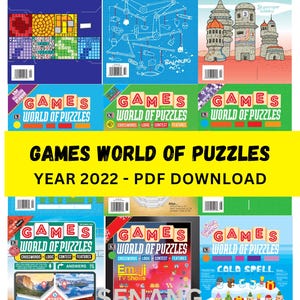 Könnte beinhalten: Eine Sammlung von sechs bunten Zeitschriften-Titeln mit dem Titel "Games World of Puzzles" mit dem Jahr 2022 und den Worten "PDF Download". Jedes Cover zeigt ein anderes Rätselthema, darunter Logikrätsel, Kreuzworträtsel und Wortsuchen.
