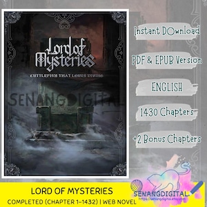 Puede incluir: Portada de descarga digital para la novela web "Lord of Mysteries". El diseño es oscuro y gótico, con el título en letras ornamentadas. Incluye el texto "Cuttlefish That Loves Diving", "Descarga instantánea", "Versión PDF & EPUB" y "1430 capítulos".