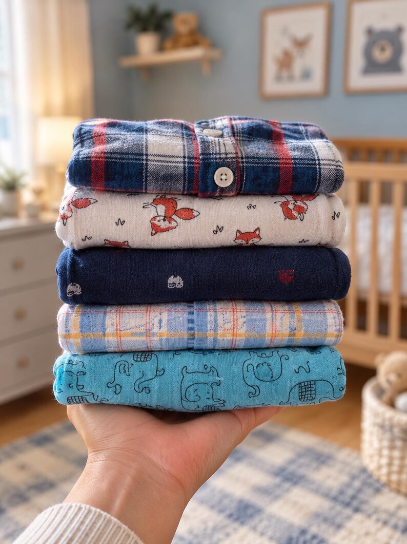 Op de afbeelding: Een stapel van vijf opgevouwen babyoverhemden. Het bovenste overhemd is marineblauw, rood en wit geruit met knopen. Het tweede is wit met vossenillustraties. Het derde is effen marineblauw. Het vierde is lichtblauw geruit. Het onderste is lichtblauw met olifantenprints.