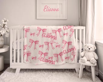 Personalized Pink Bow Blanket - Custom Trending Pink Bow Baby Blanket - Pink Baby Blanket - Personalized Name Blanket - Pink Bows Baby Name