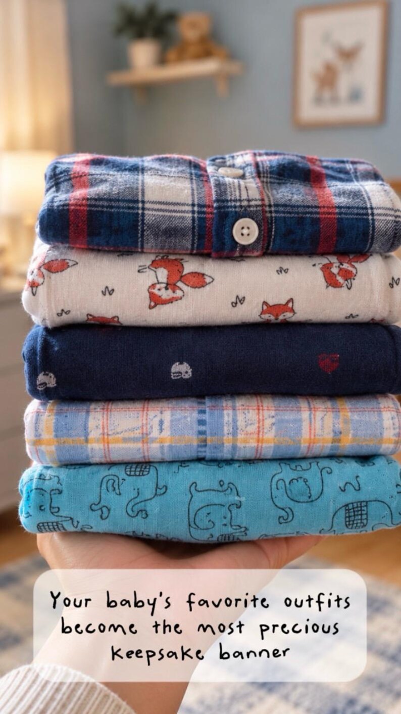 Op de afbeelding: Een stapel van vijf gevouwen kledingstukken met diverse patronen, waaronder rood, wit en blauw ruitpatroon, witte stof met oranje vossenillustraties, effen marineblauw, lichtblauw ruitpatroon en lichtblauw met zwarte lijntekeningen van dieren.