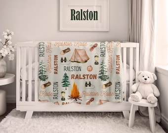 Personalized Camping Blanket - Custom Campfire Baby Blanket - Camp Themed Baby Blanket - Personalized Name Blanket - Camping Baby Name Gift