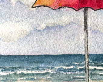 Beach Scene Original Watercolor Art Card Original Artist Trading Card Ocean Art Original Art Small Format Art Nautical Art