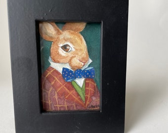 Art Card of Gentleman Bunny Rabbit Original Watercolor Original Art Framed Bunny Art Artist Trading Card