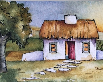 Painting Watercolor of Irish Cottage Original Art Card Watercolor Artwork Painting Artist Trading Card Miniature Art