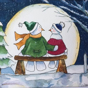 Snowman Art Watercolor Painting Matted of Snowman Lovers Art Painting Matted Art Original Watercolor Folk Art Painting of Snowmen