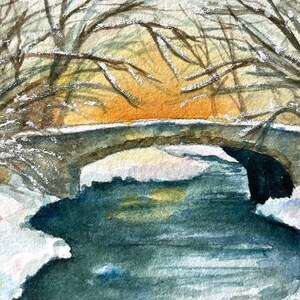 Watercolor of Snowy Bridge and Stream Original Art Watercolor Art Painting Art Card Artist Trading Card Original Art