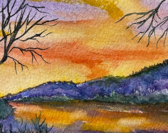 Art Card Original Watercolor of Morning Sunrise Artist Trading Card Original Painting