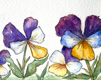 Violet Floral Watercolor Art Card Original Watercolor of Spring Flowers Artist Trading Cards Painting