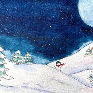 Original Winter Watercolor of Snowy Night Original Painting Original Art One of a Kind Art Painting