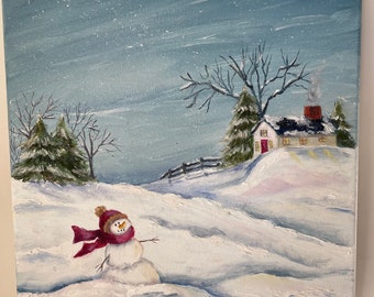 Winter Scene Oil Painting with Snowman and Cottage Original Painting Original Art on Canvas