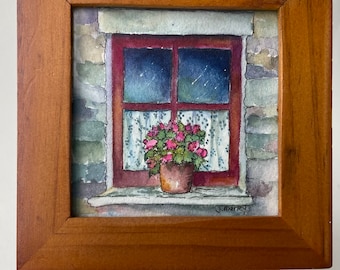 Framed Watercolor Art Card of Irish Cottage Window on Wooden Easel Small Format Art Painting