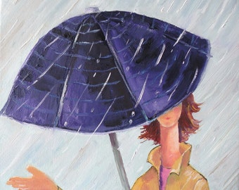 Oil Painting of Girl in Rain Original Artwork Original Painting Original Art Folk Art Painting